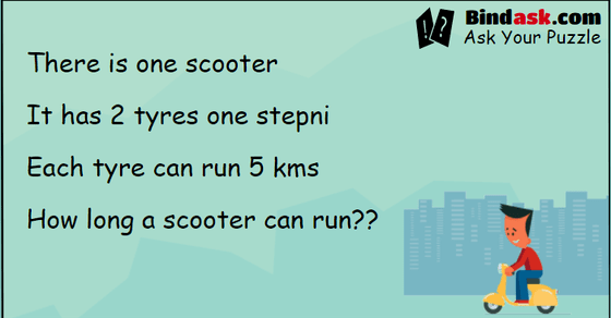 There is one scooter It has 2 tyres one stepni Each tyre can run 5 kms How long a scooter can run??