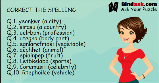 Mind Game: Every question has 10 marks, Pass marks 60.  CORRECT THE SPELLING